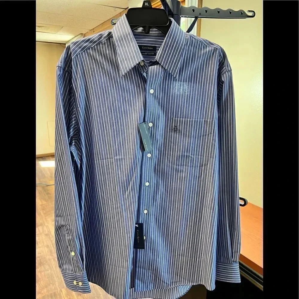 NWT Club Room Iron-free Easy-traveler Long Sleeve Striped Blue & White Shirt #M6